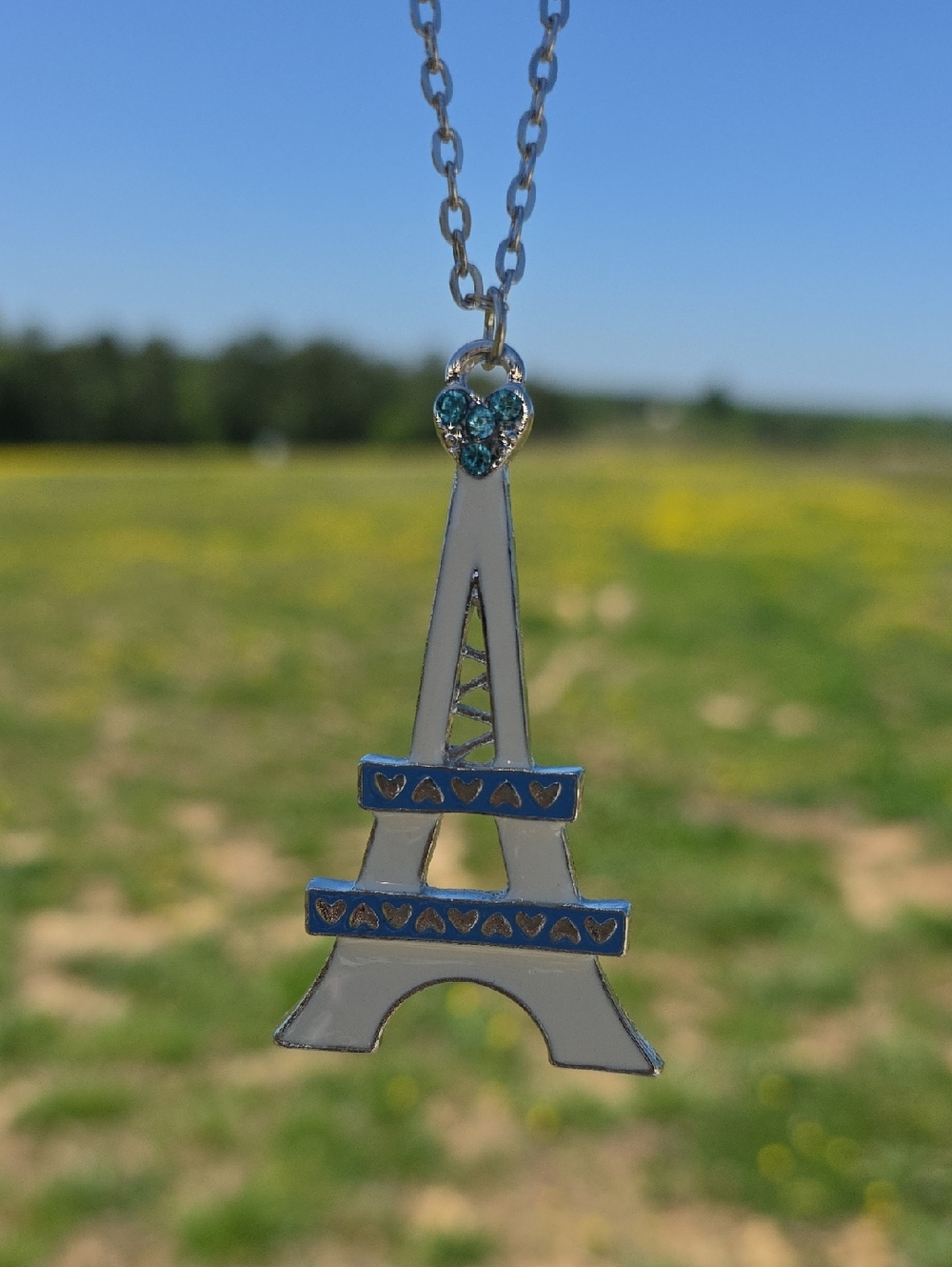 Eiffel Tower Light Blue And Cream Pendant Necklace And Earring Set